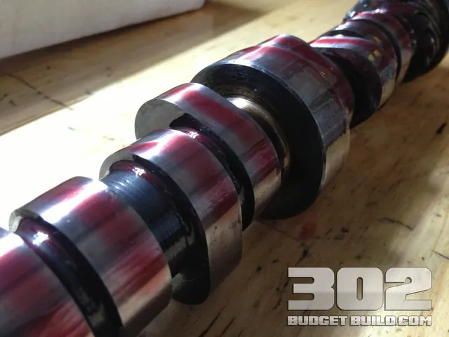 Ford racing camshaft E303. Closeup of cam lobes with assembly lube